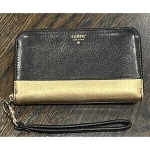 Fossil Sydney Wallet Wristlet Black Metallic Gold Leather‎ Accordion Clutch
